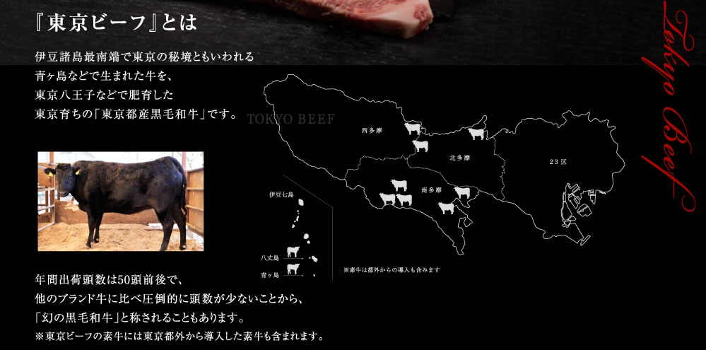 『東京ビーフ』とは伊豆諸島最南端で東京の秘境ともいわれる青ヶ島などで生まれた牛を、東京八王子などで肥育した東京育ちの「東京都産黒毛和牛」です。年間出荷頭数は50頭前後で、他のブランド牛に比べ圧倒的に頭数が少ないことから、「幻の黒毛和牛」と称されることもあります。※東京ビーフの素牛には東京都外から導入した素牛も含まれます。